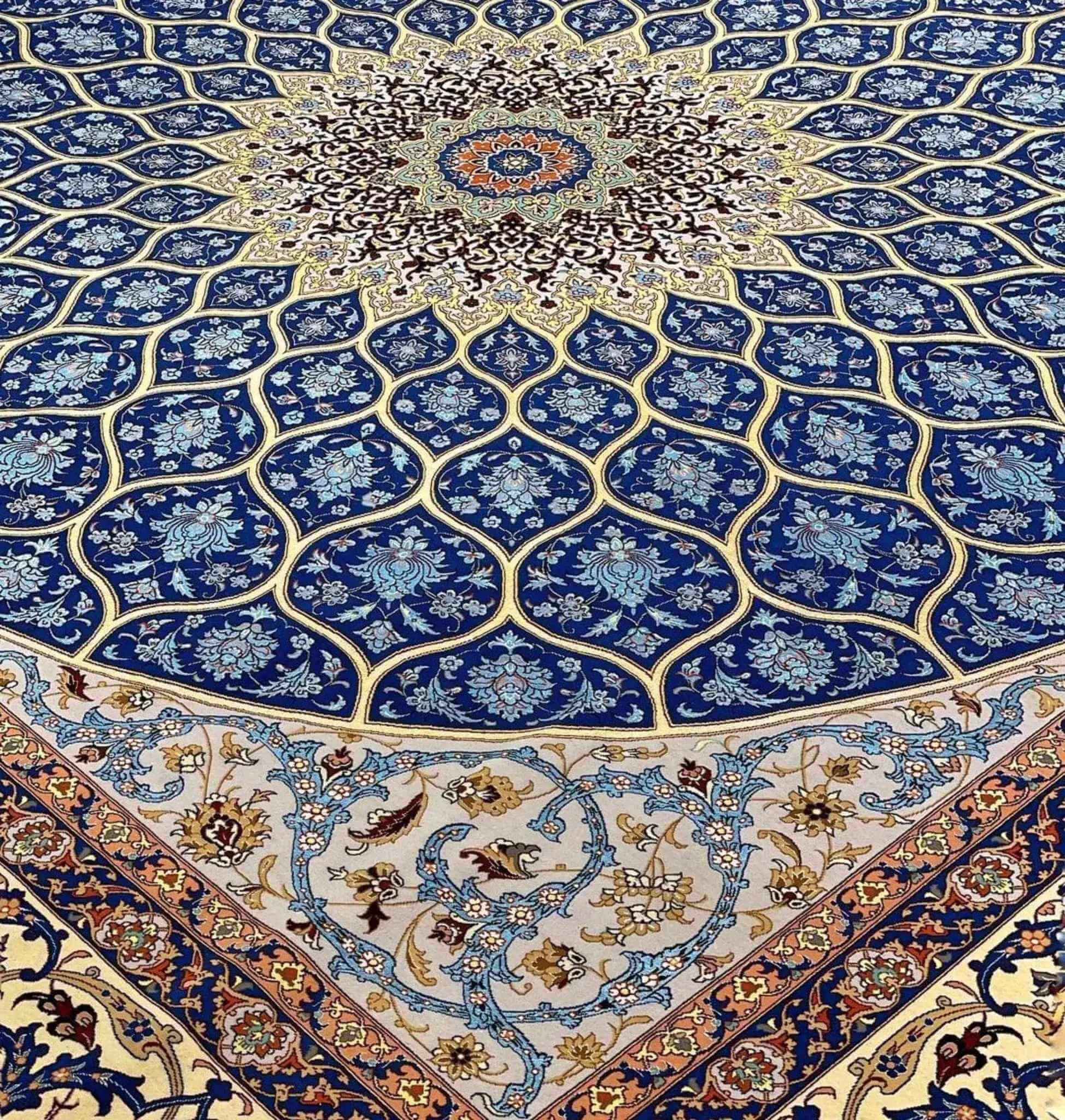 "Hand-knotted silk and wool rug in square shape by Davarie."